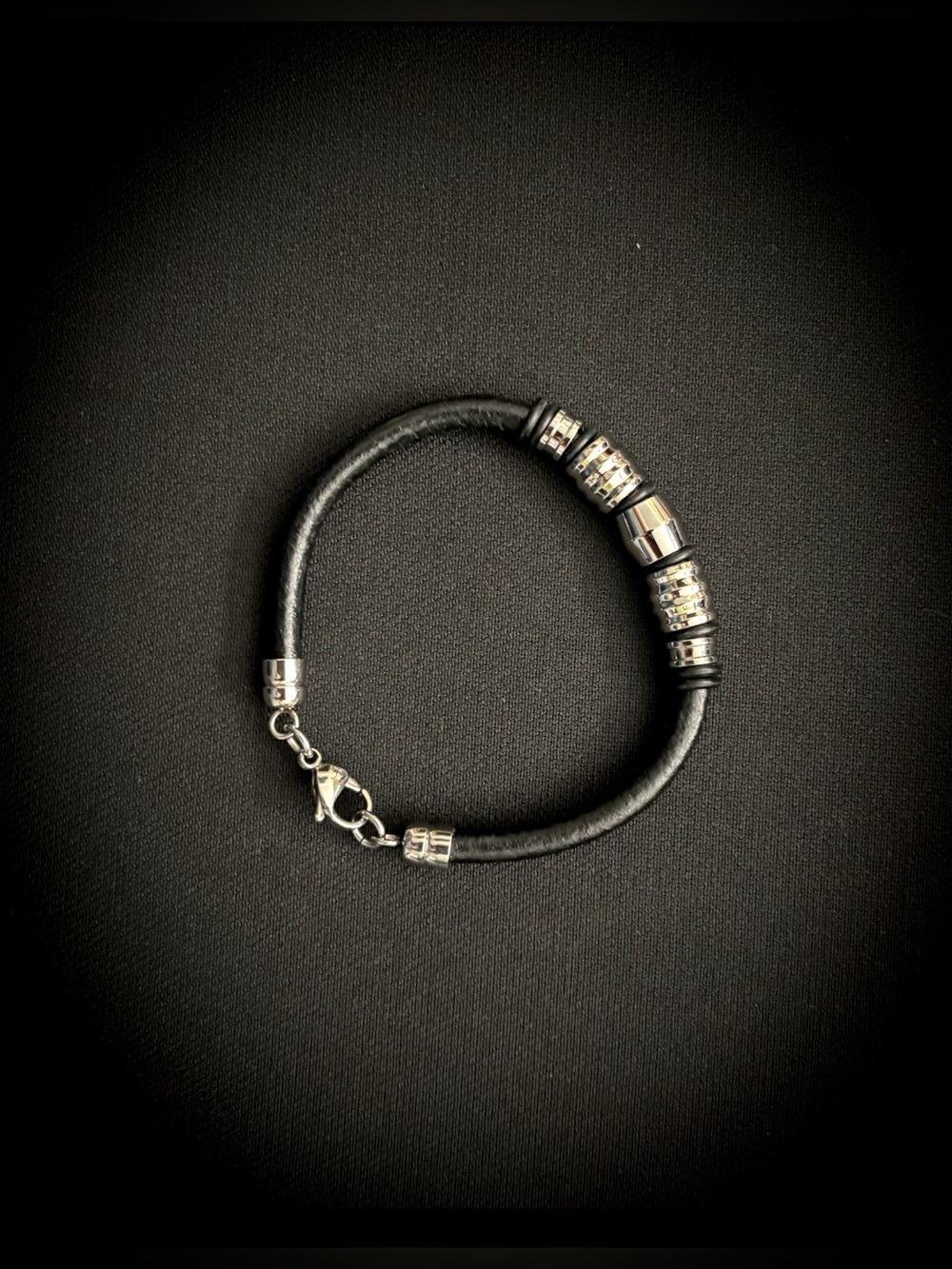 Black Leather Cord Bracelet with Silver Accents